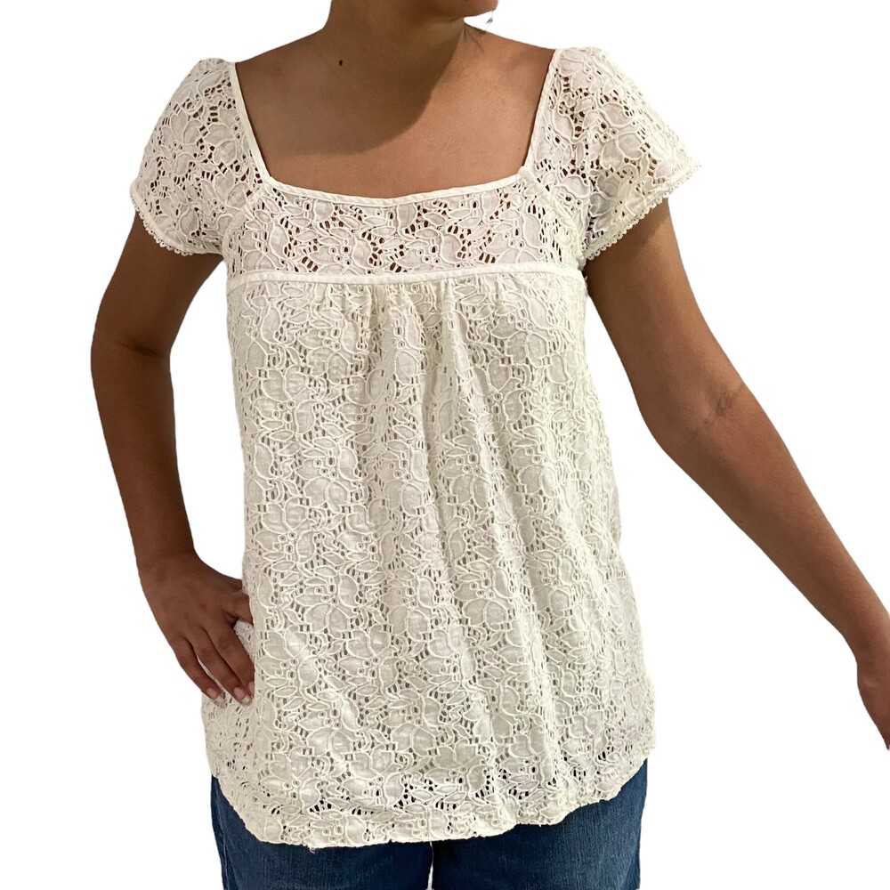 Ann Taylor Loft Ivory Top Shirt Crochet Cotton Blouse Short Sleeve Medium